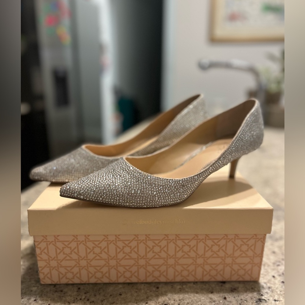 Jewel Badgley Mischka Gold Rhinestone Kitten Heels